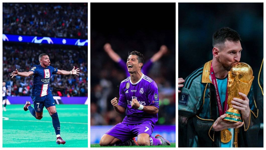 Messi lifting the World Cup trophy and Ronaldo celebrating in Real Madrid jersey