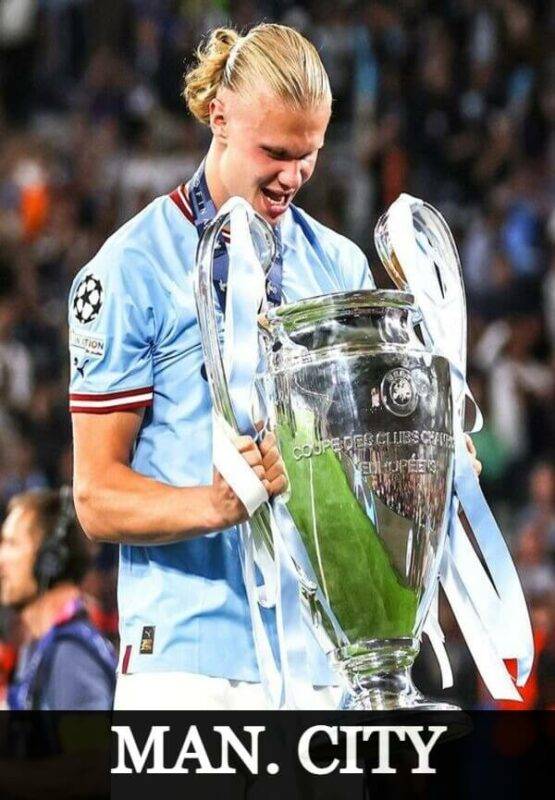 Erling Haaland lifting trophy in Manchester City jersey – Champions League 2023