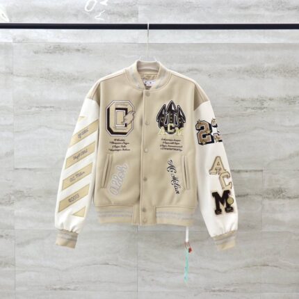 Off White OWXAC Milan collaboration with Heavy Industries embroidered devil hot diamond logo in contrasting leather patchwork baseball jacket jacket Heavy 700g dragon and phoenix fabric