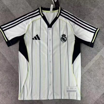 Retro Real Madrid jersey for 2024/25 season in baseball shirt style with black stripes. Perfect for